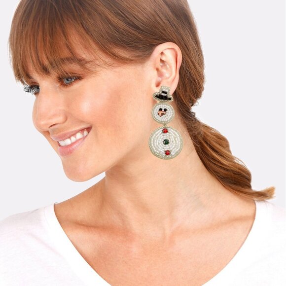 Crystal & Beaded Dangle Snowman Seed Bead Statement Christmas Earrings - Picture 5 of 7